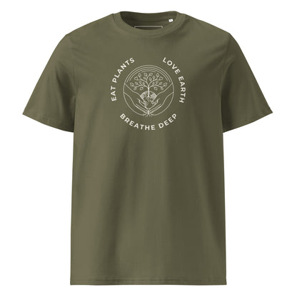 Main front view of the premium organic cotton t-shirt in Olive Green, featuring the "Eat Plants, Love Earth, Breathe Deep" circular graphic on the chest.