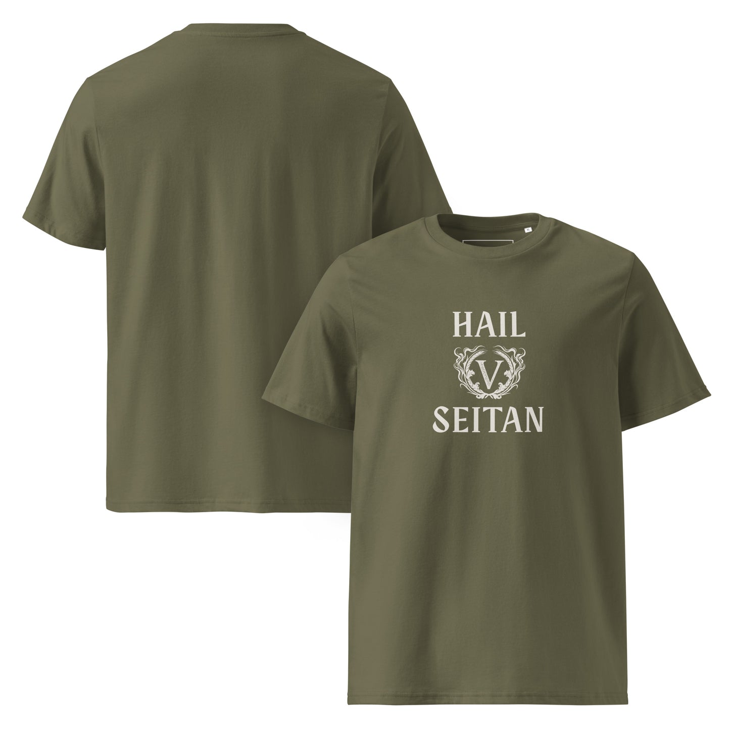 Khaki green organic cotton t-shirt featuring the Hail Seitan graphic in ivory ink, designed for dark aesthetic alternative streetwear.