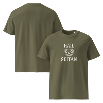 Khaki green organic cotton t-shirt featuring the Hail Seitan graphic in ivory ink, designed for dark aesthetic alternative streetwear.