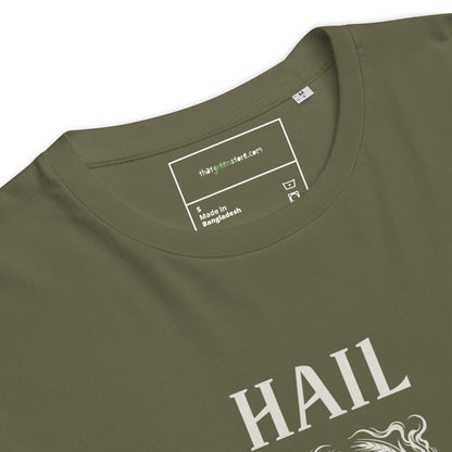 Close-up of the inner neck label on a Khaki organic cotton t-shirt, showing That Green Store branding above the ivory Hail Seitan graphic.