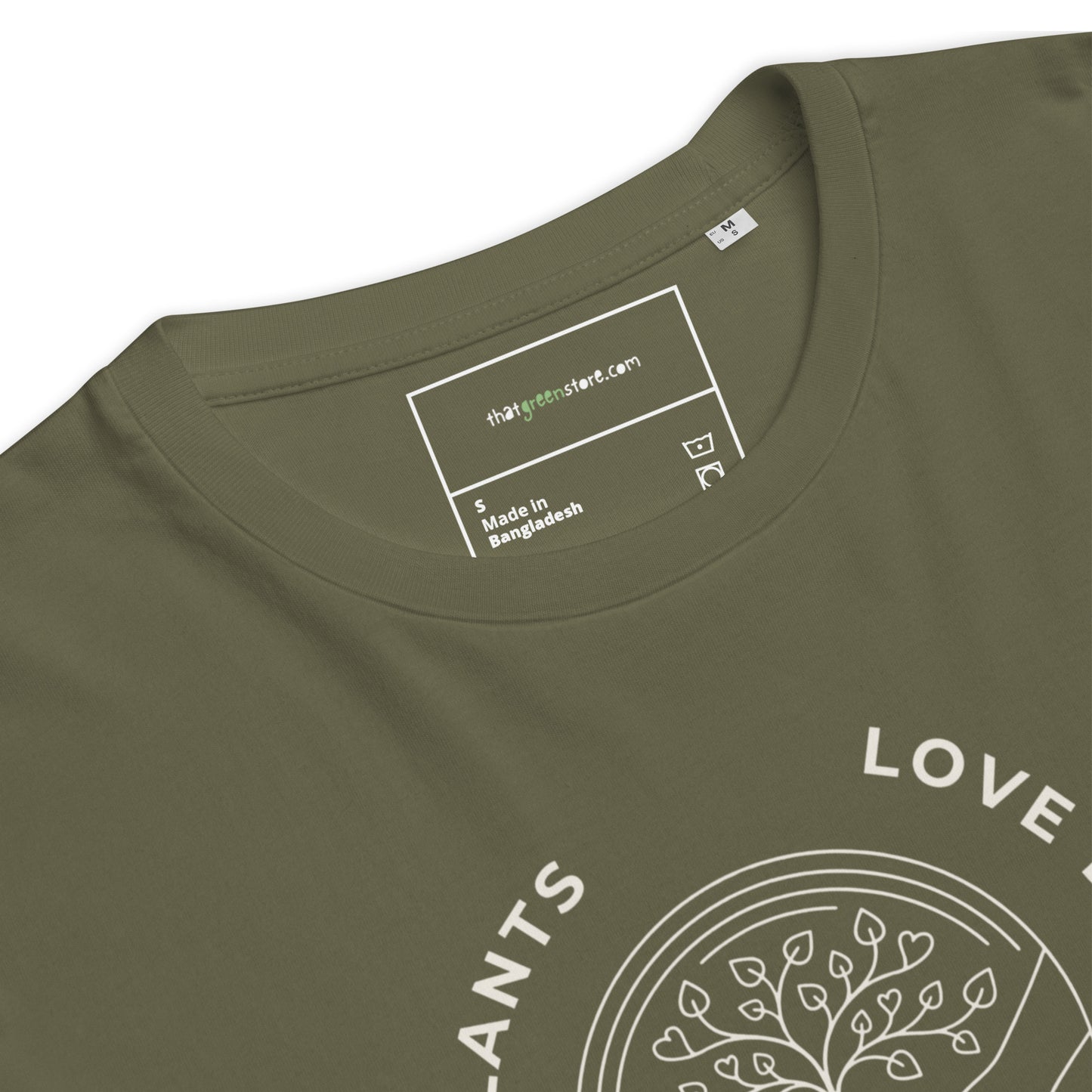 Close-up detail of the ribbed collar and custom inner neck tag on the "Love Earth" premium organic t-shirt, highlighting the high-quality stitching and neck tape. Olive green