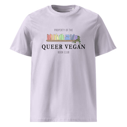Flat lay front view of a lavender organic t-shirt centered with the 'Property of the Queer Vegan Book Club' illustration.