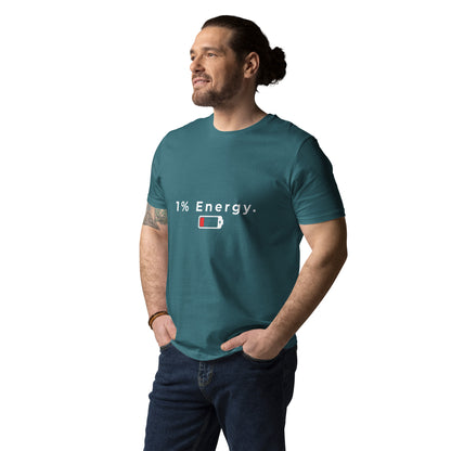 Male model wearing the unisex 1% Energy organic cotton t-shirt, front view. stargazer