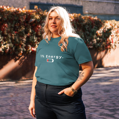 Female model wearing the 1% Energy organic cotton t-shirt, front view. stargazer