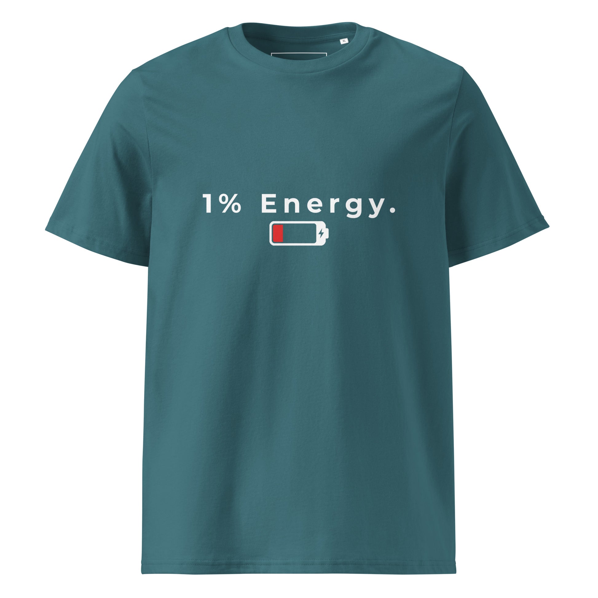 Flat lay front view of the 1% Energy organic cotton t-shirt. stargazer