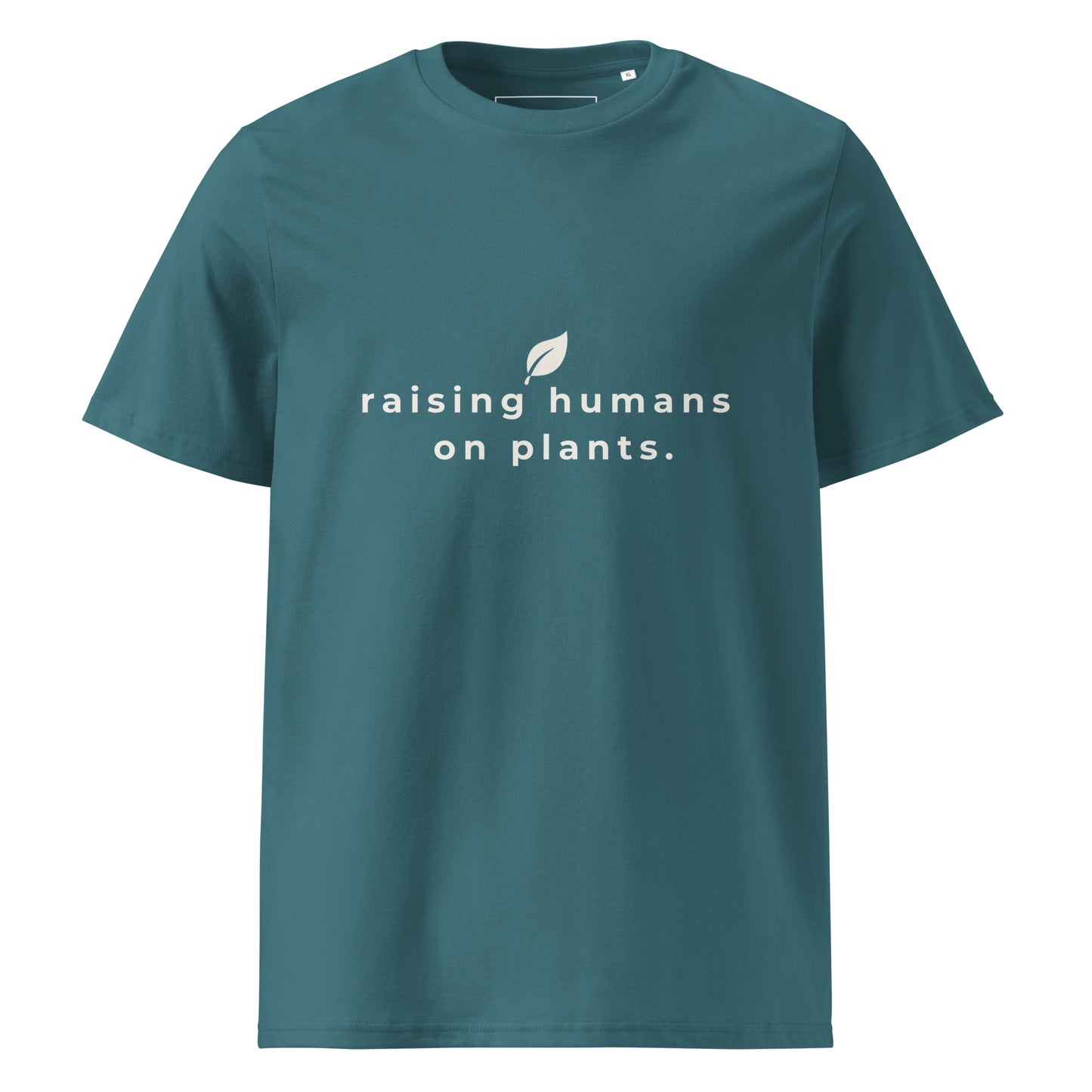 Front flat lay of the "raising humans on plants." t-shirt. The image clearly shows the perfect alignment of the text and the leaf logo on the chest. -stargazer-