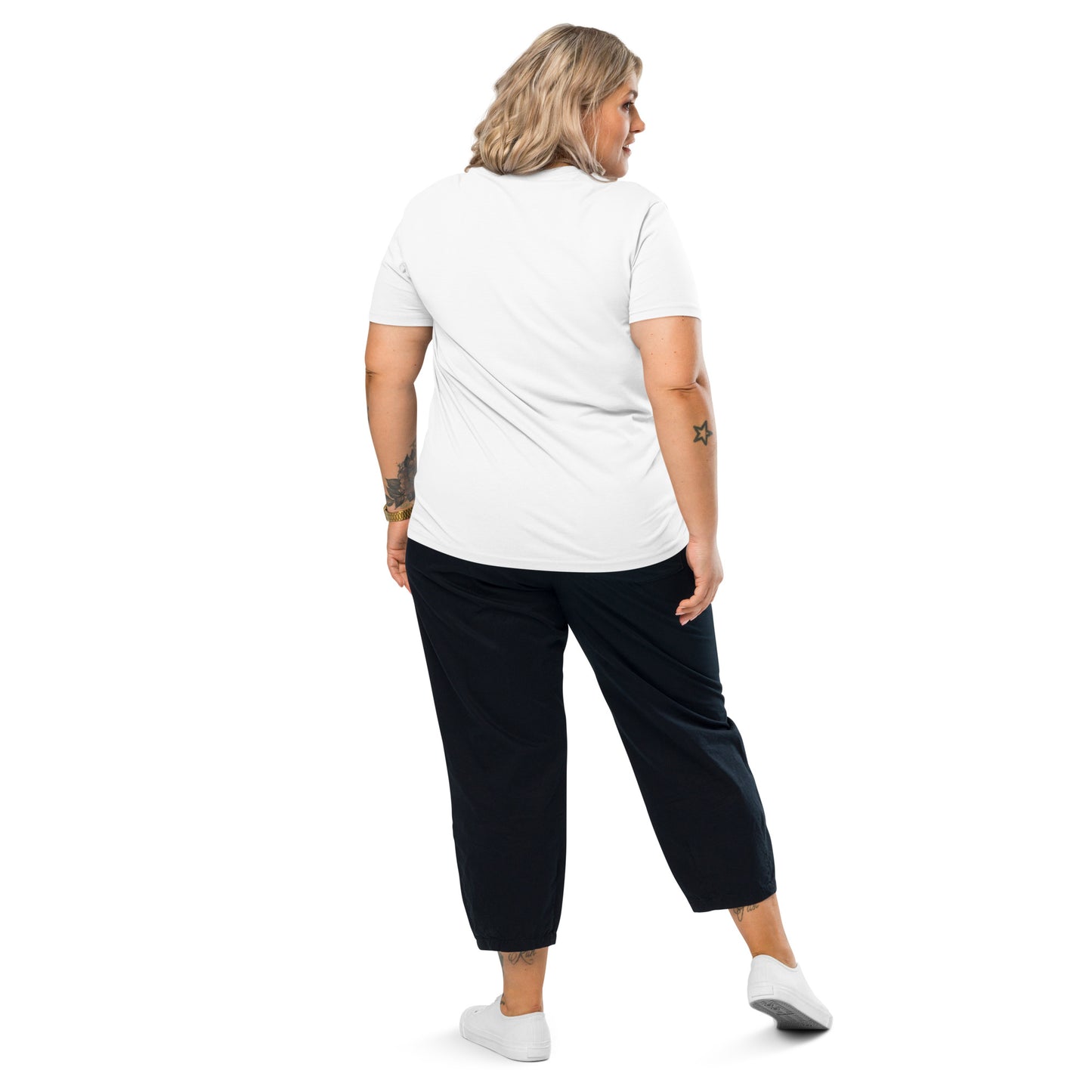 Female model wearing the funny Maybe Later organic cotton t-shirt, back view. white