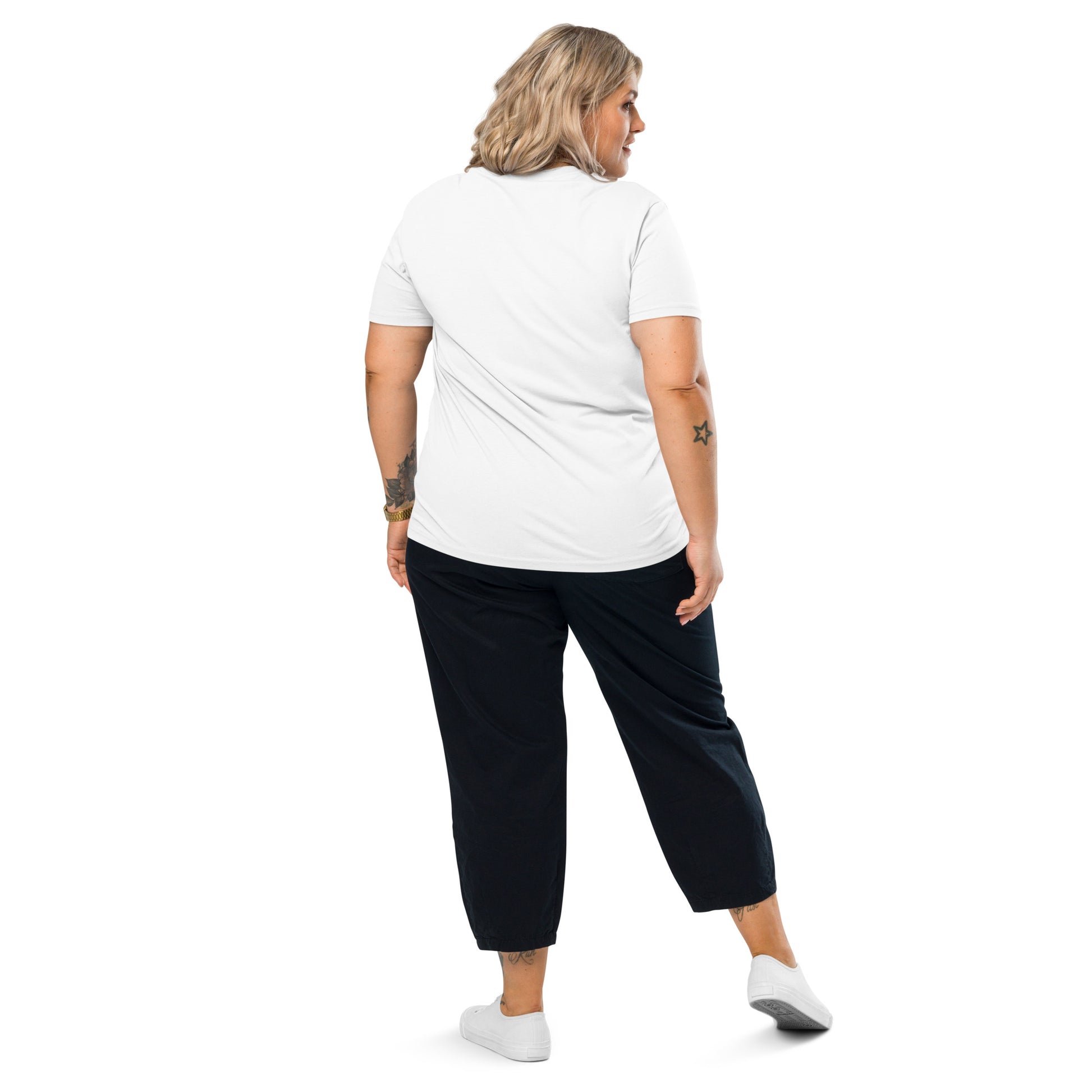 Female model wearing the funny Maybe Later organic cotton t-shirt, back view. white