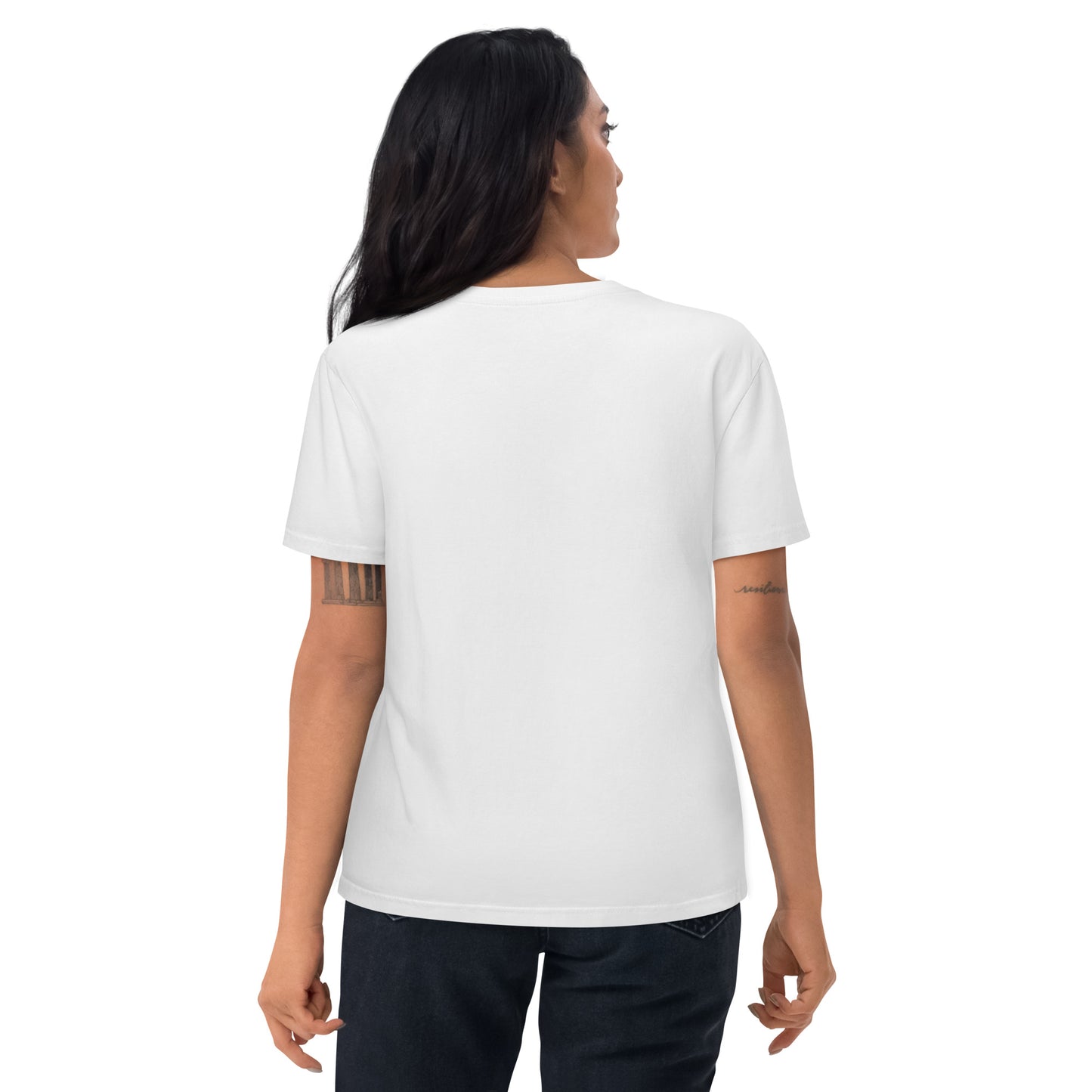 Model wearing the minimalist white Midnight Onyx graphic t-shirt with dark abstract aesthetic. Back view