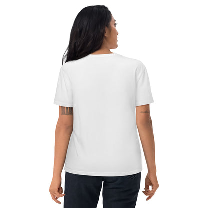 Model wearing the minimalist white Midnight Onyx graphic t-shirt with dark abstract aesthetic. Back view