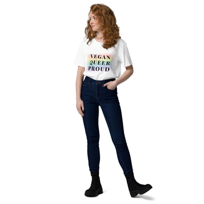 Complete Front view of a female model wearing the eco-friendly Vegan queer proud T-shirt