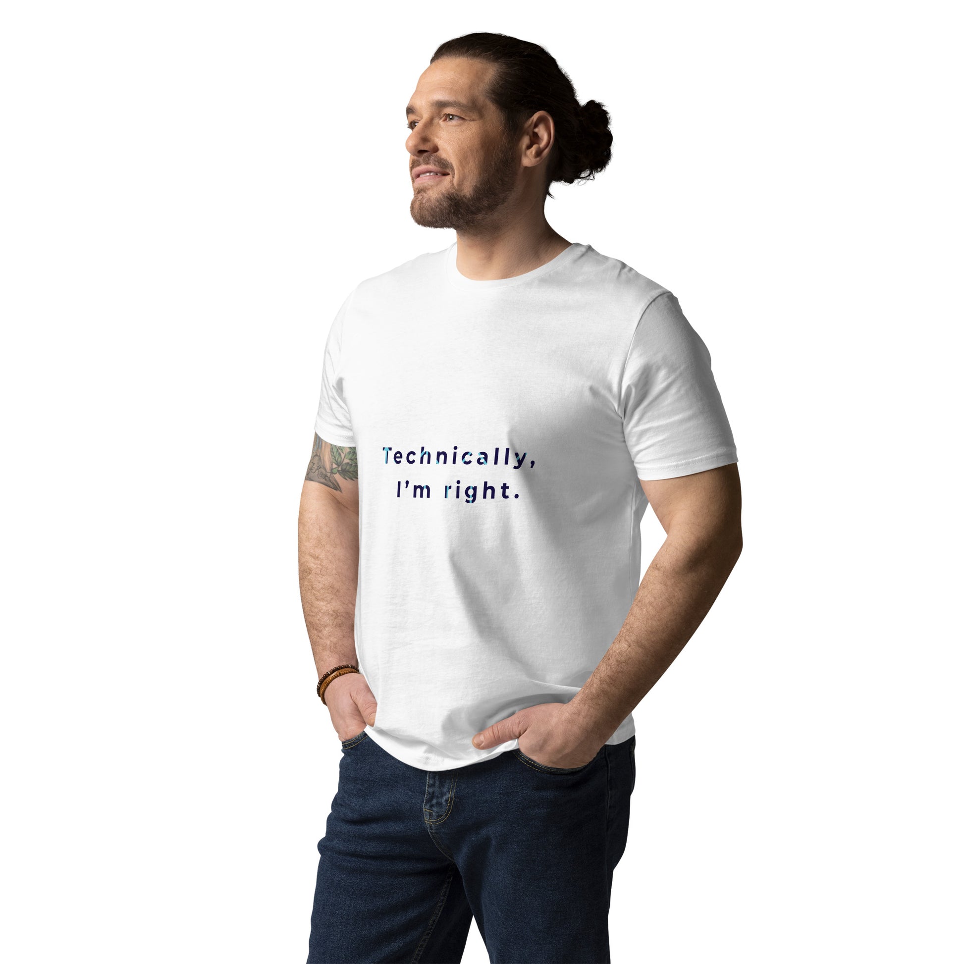 Male model wearing the Technically I'm right organic cotton t-shirt, front view. white