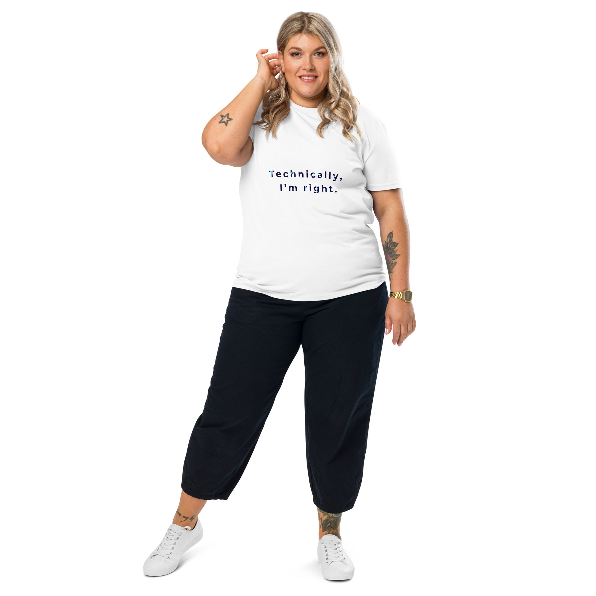 Female model wearing the Technically I'm right organic cotton t-shirt, front view. white