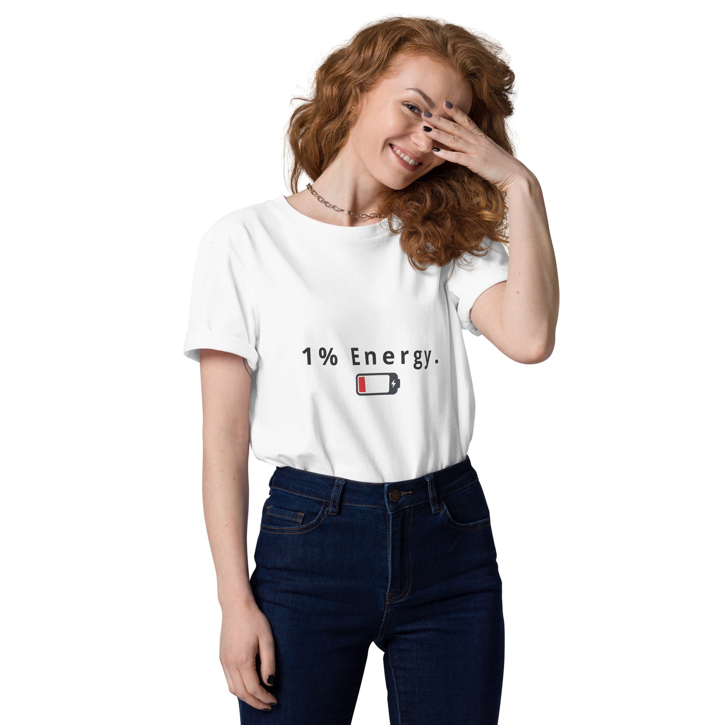Female model wearing the 1% Energy organic cotton t-shirt, front view. white