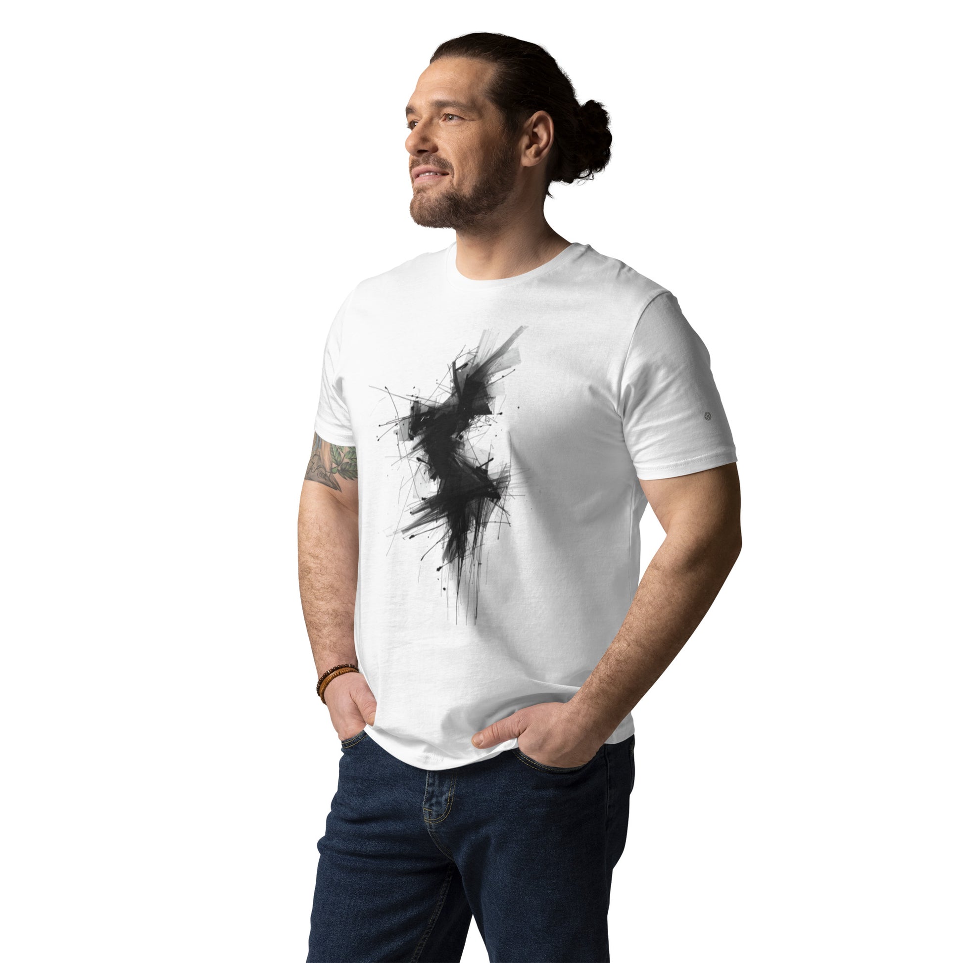 Male model wearing the Phantom Spirit organic cotton t-shirt, front view. white