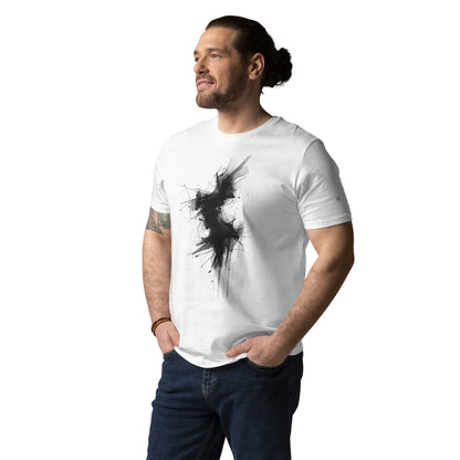Male model wearing the Phantom Spirit organic cotton t-shirt, front view. white