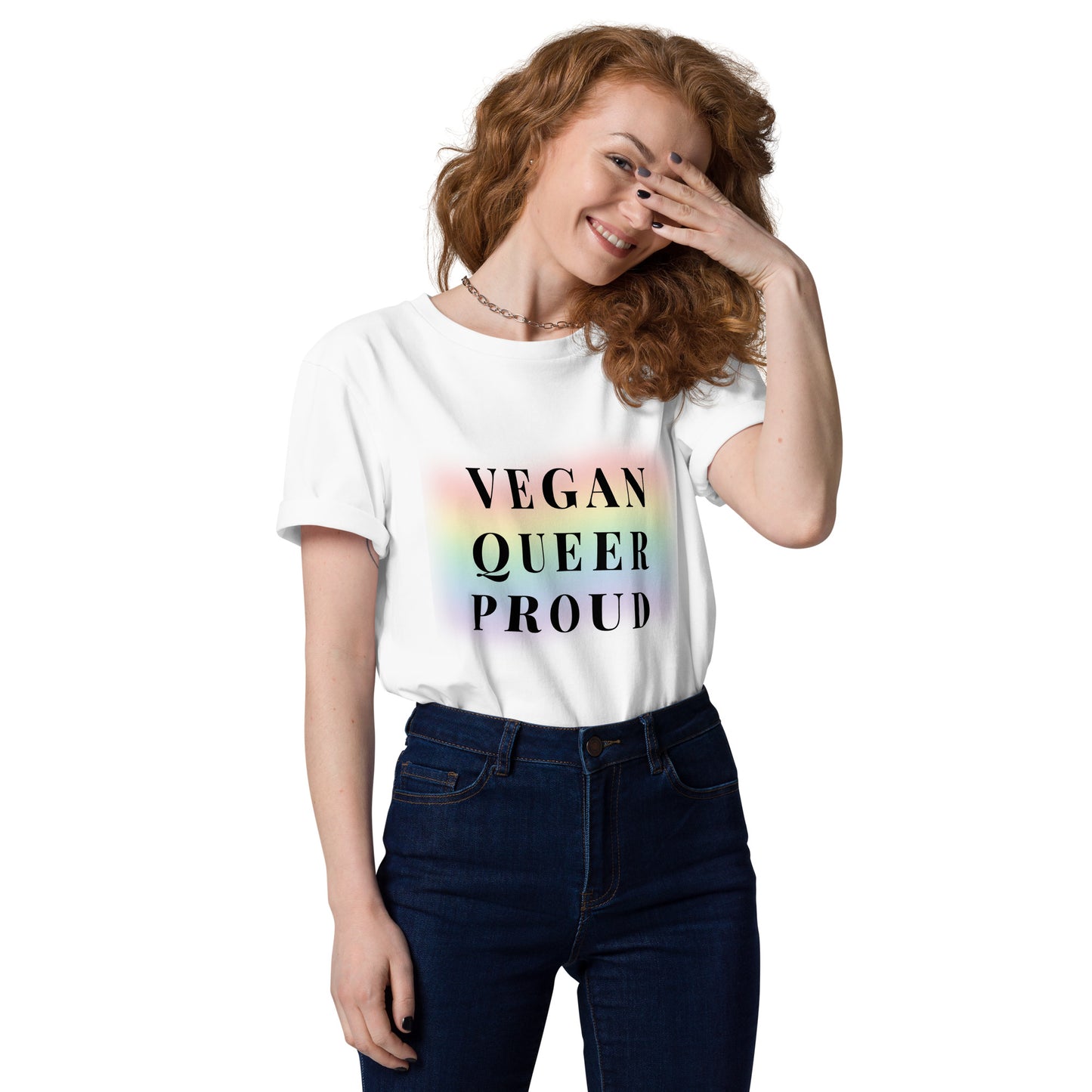 Front view of a female model wearing the eco-friendly Vegan queer proud T-shirt