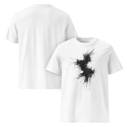Flat lay full front and back view of the Phantom Spirit organic cotton t-shirt. white