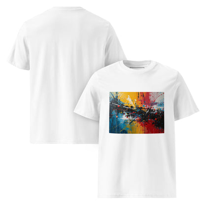 Front and Back view of the City Pulse organic cotton graphic tee. white