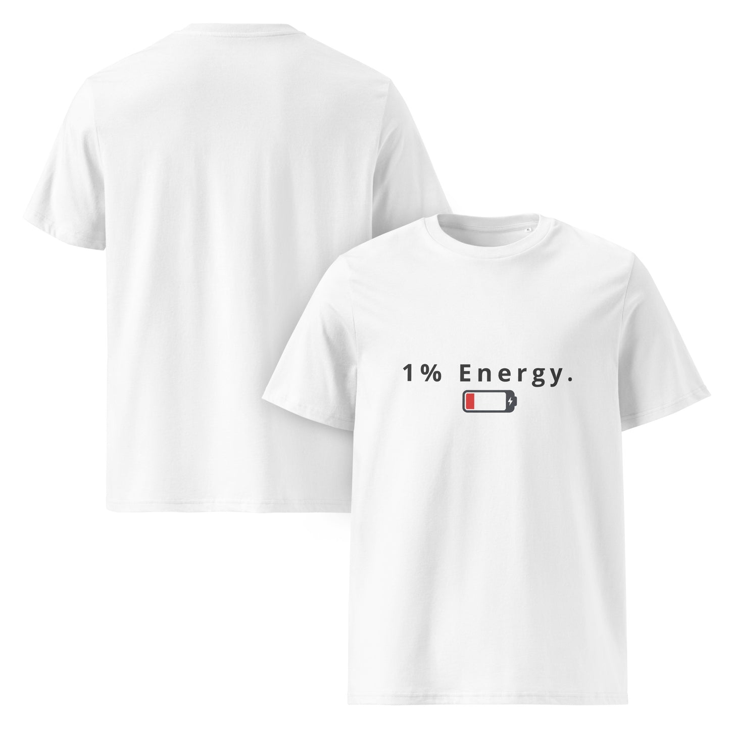 Front and Back view of the 1% Energy organic cotton t-shirt. white