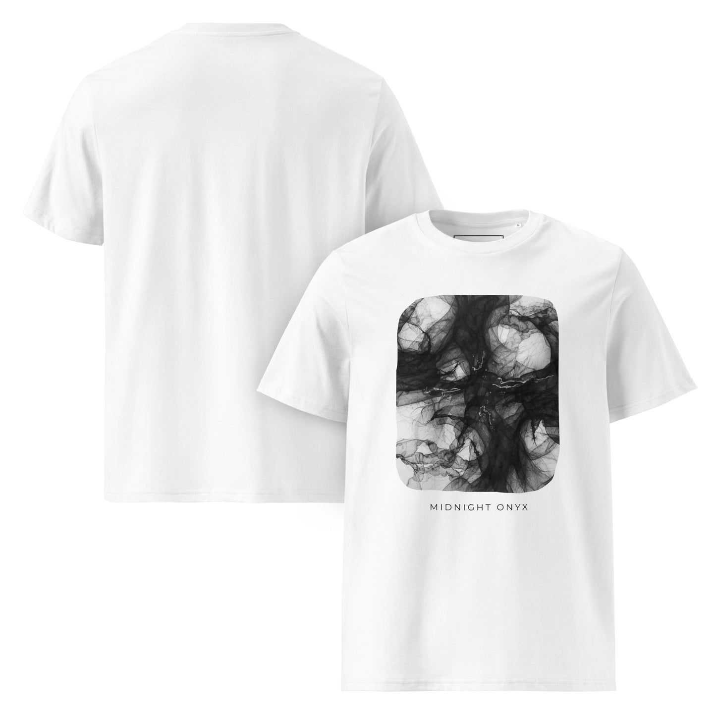 Front and Back view of the white Midnight Onyx t-shirt featuring a black abstract ink design, made of premium organic cotton