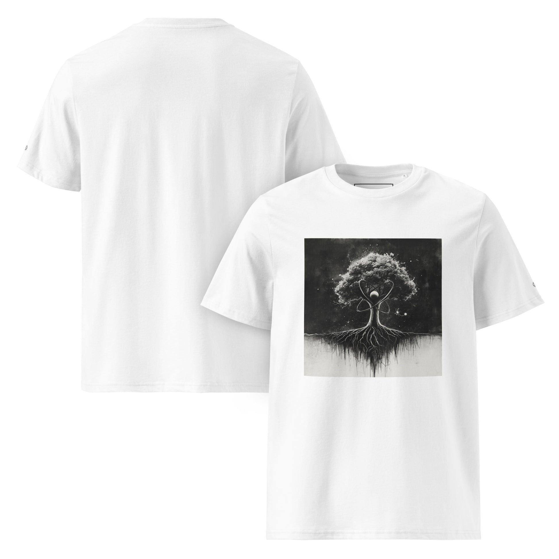 Front and Back of the Organic cotton Quantum Tree t-shirt highlighting the fabric.