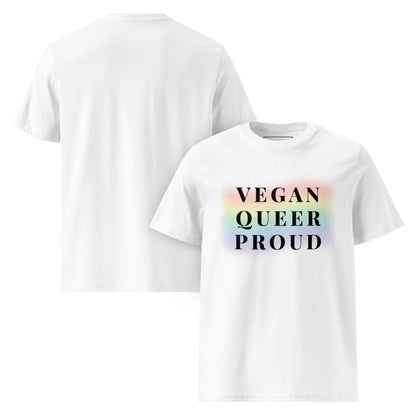 Front and Back view of the premium organic cotton t-shirt, featuring the "Vegan queer proud" graphic on the chest.