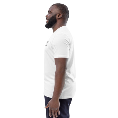 Side view of a male model wearing the unisex Maybe Later vegan tee. white