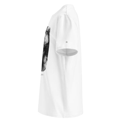 Side view of the white Midnight Onyx t-shirt featuring a black abstract ink design, made of premium organic cotton
