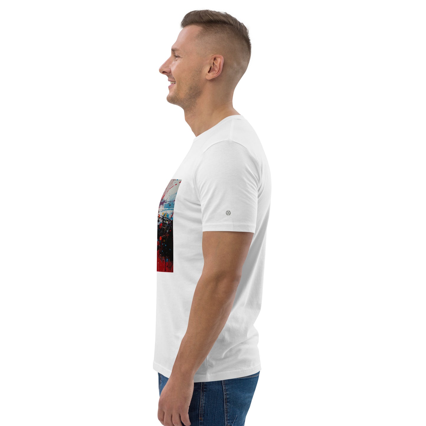 Side view of a male model in the vegan City Pulse tee. white