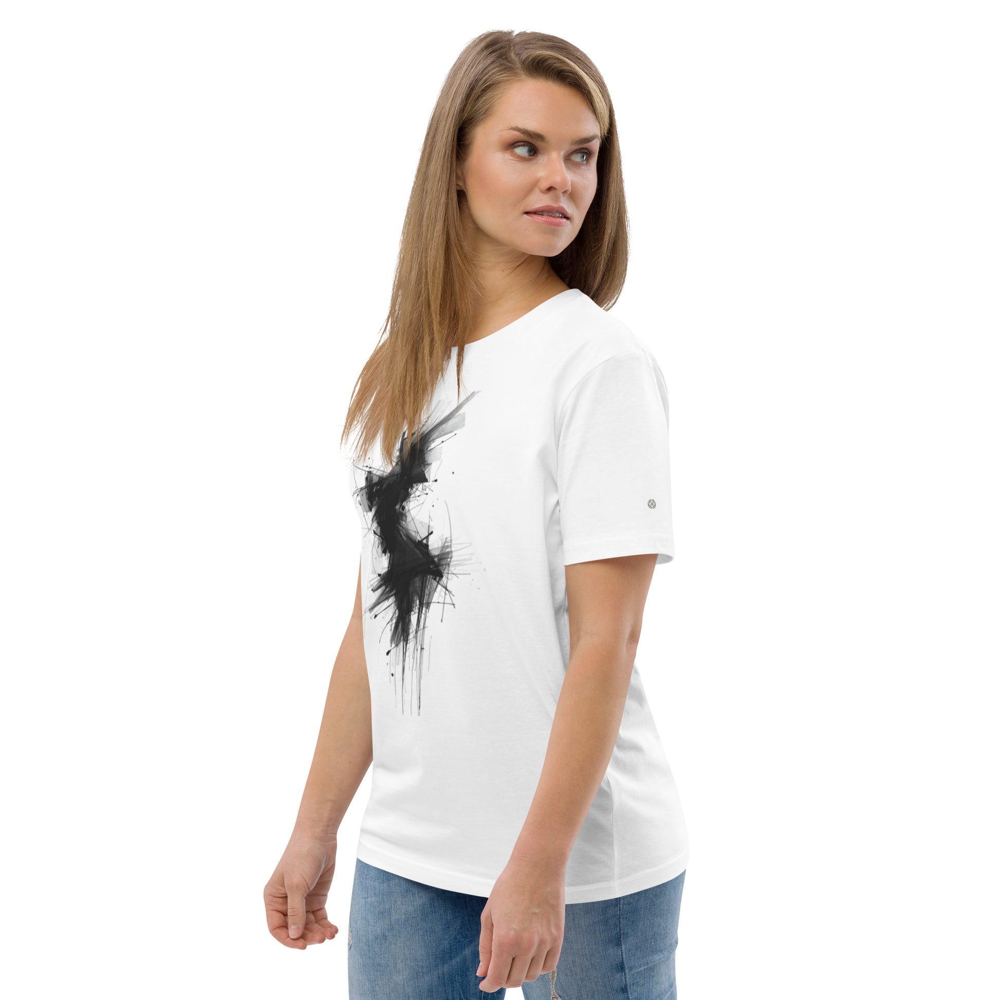 Female model wearing the Phantom Spirit organic cotton t-shirt, side view. white