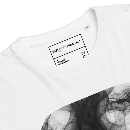 Detail of the custom brand label on the white Midnight Onyx organic streetwear t-shirt.