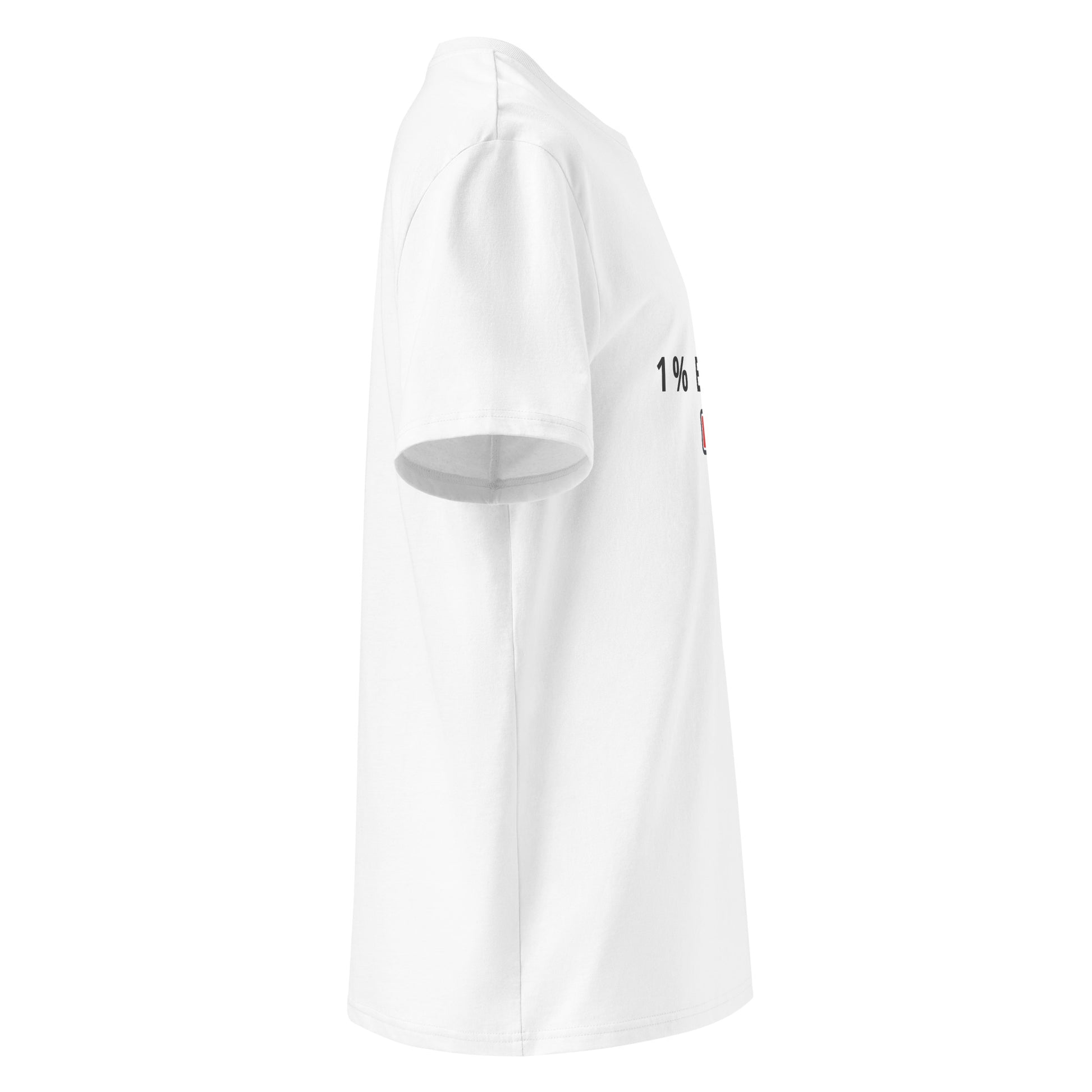 Side view of the neatly folded 1% Energy vegan t-shirt showing fabric thickness. - white-
