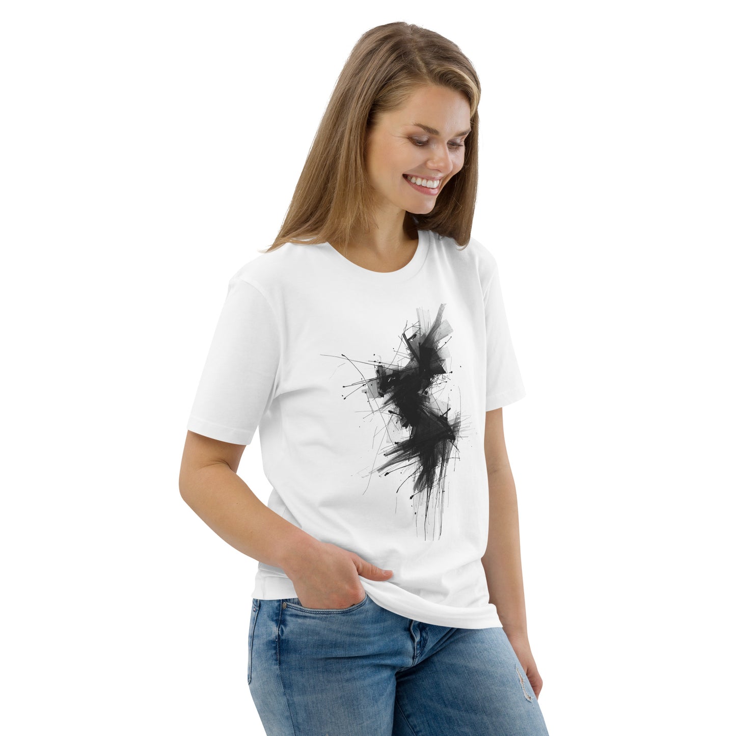 Female model wearing the Phantom Spirit organic cotton t-shirt, front view. white