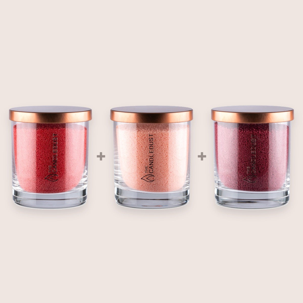 Candledust Warm Colour Trio featuring Red, Peach, and Sangria unscented pearled candles in 160g glass jars