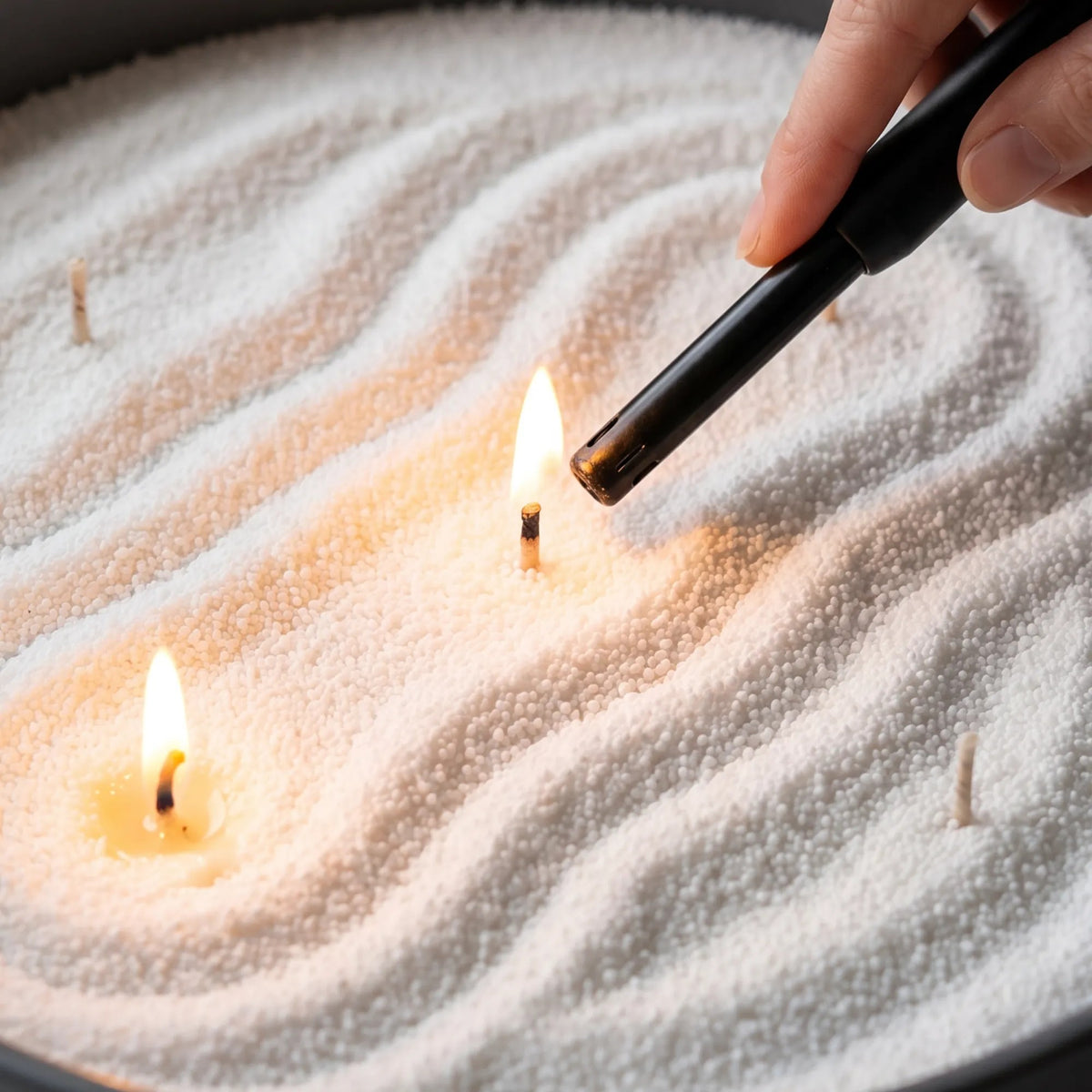 Close-up of a woman's hand lighting the cotton wick of a White pearled sand candle