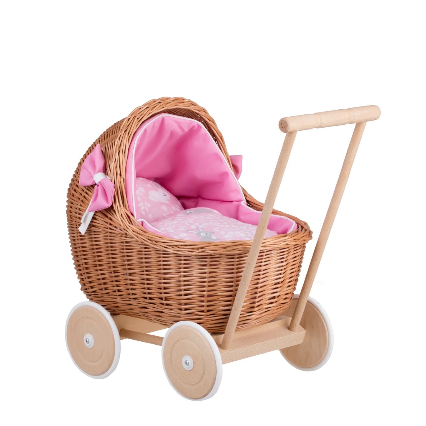 Natural wicker doll pram Lili with pink bedding 2  set