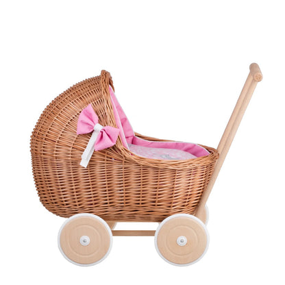 Side view Wicker Doll Pram Lili – Pink Bedding 2