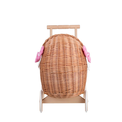 Front view Wicker Doll Pram Lili – Pink Bedding 2