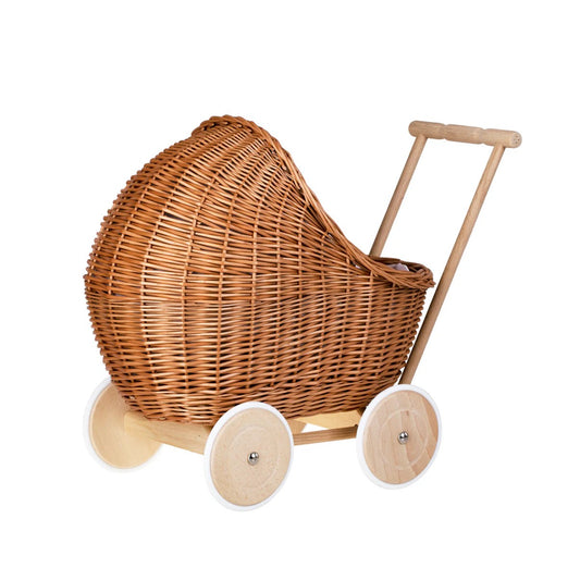 Front view Wicker Doll Pram Lili – Pink Bedding