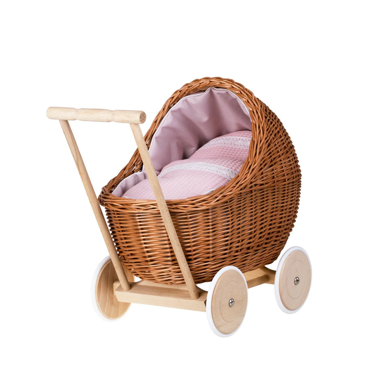 Natural wicker doll pram Lili with pink bedding set