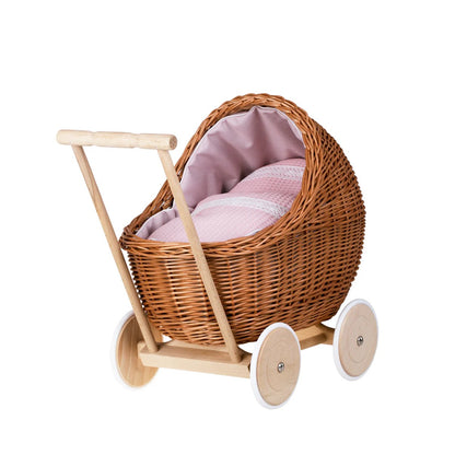 Natural wicker doll pram Lili with pink bedding set