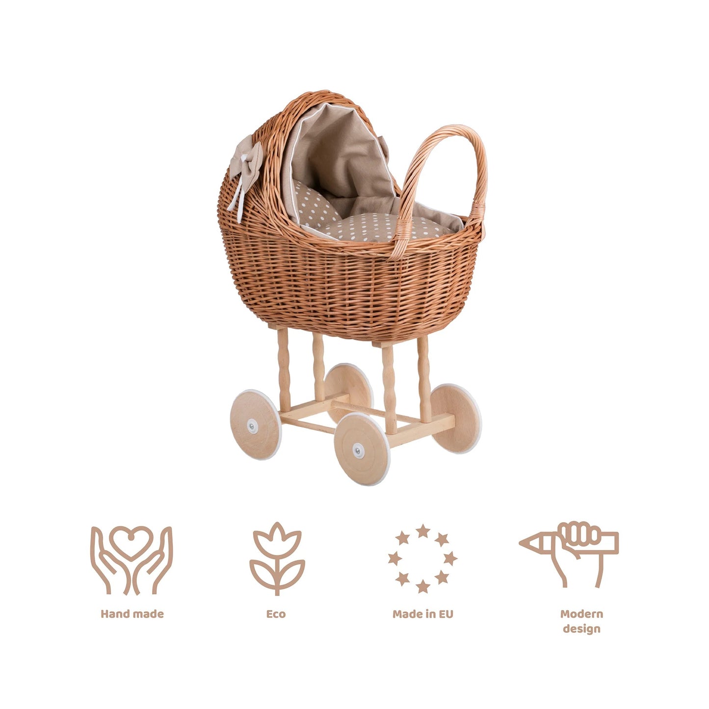 Detail Wicker Doll Stroller Lena – Beige Bedding