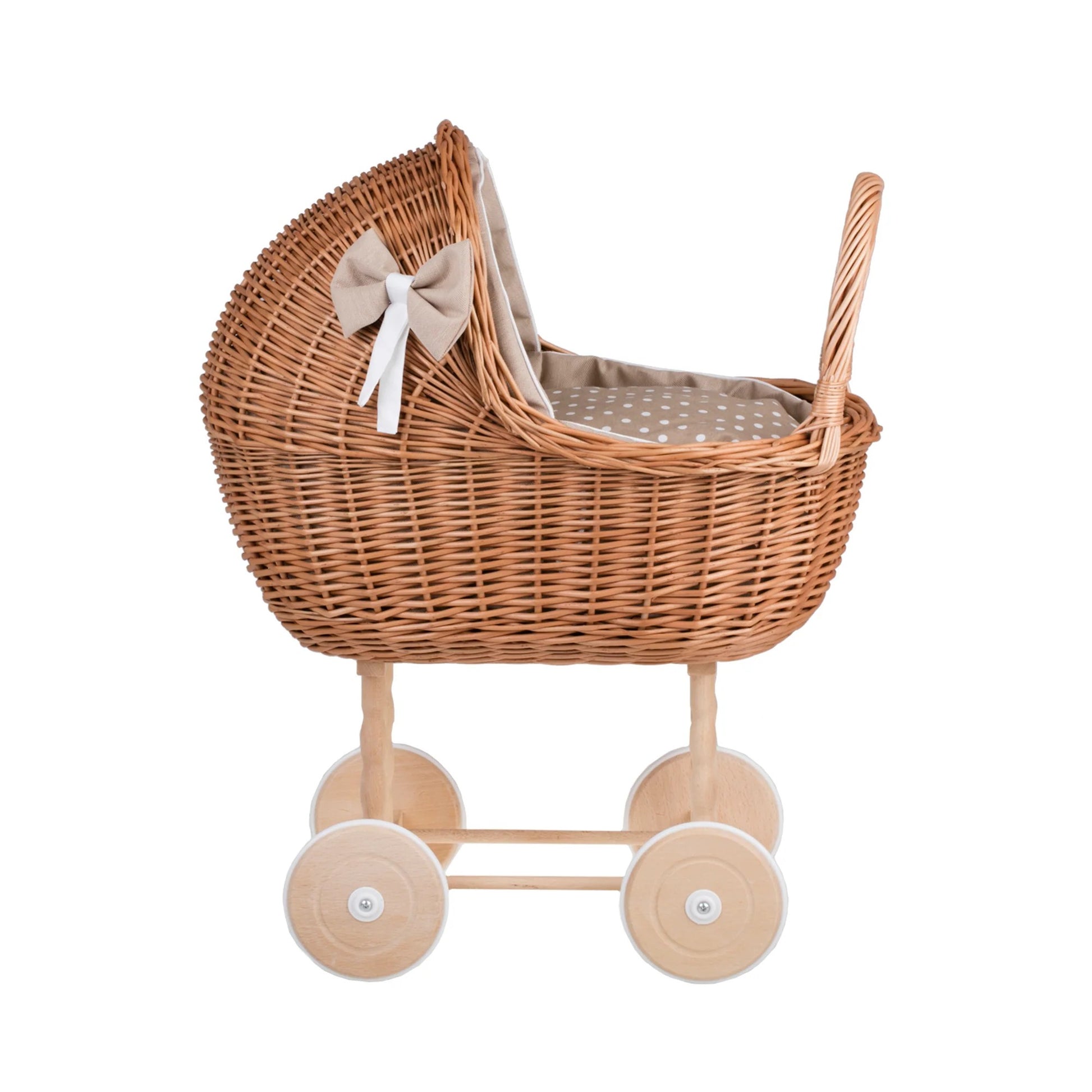 side view Wicker Doll Stroller Lena – Beige Bedding