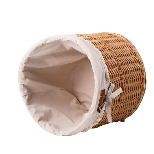 Large mobile wicker toy chest for kids playroom