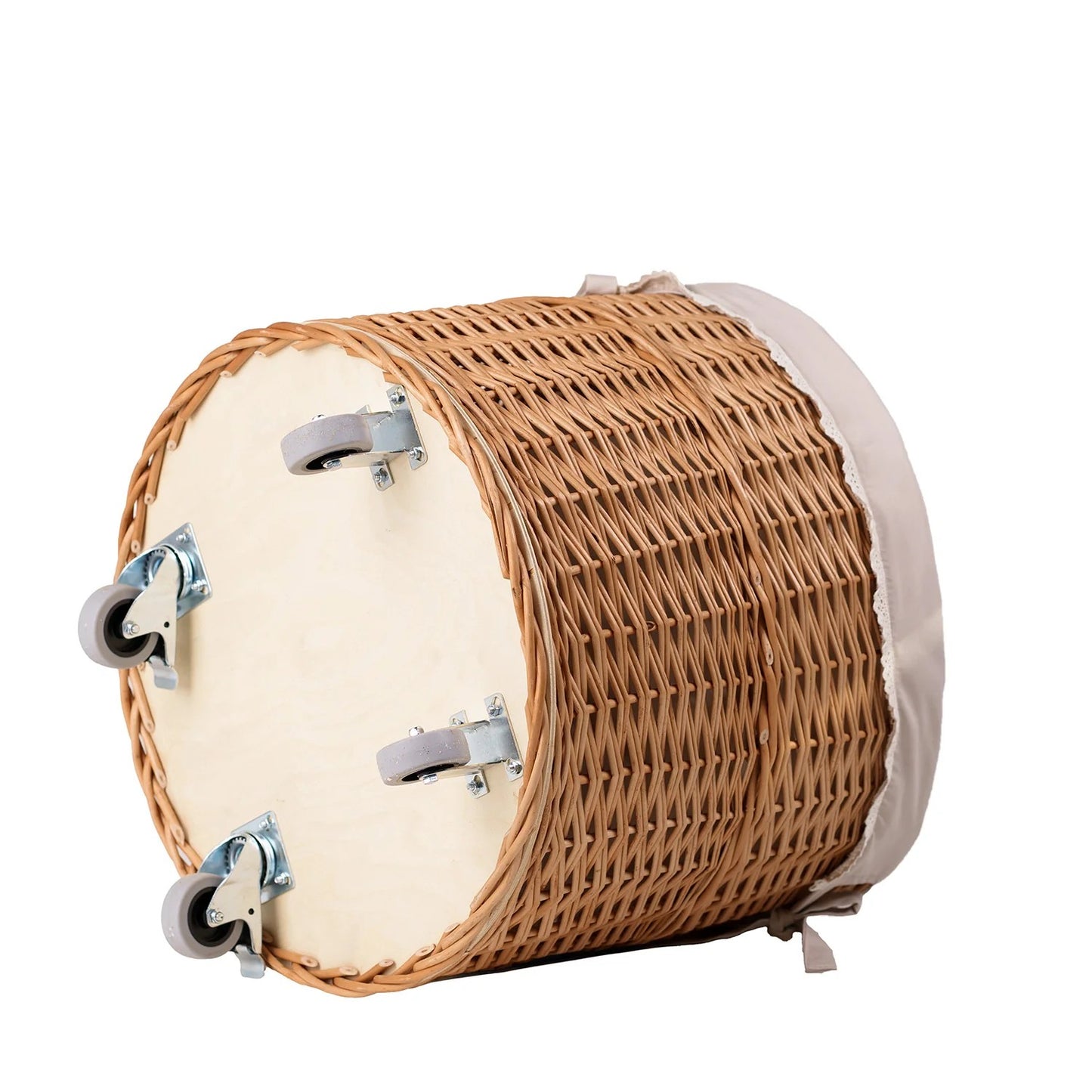 Wheels detail of Caros wicker storage basket with wheels and handle