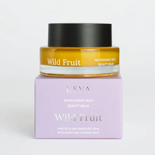 Usva cosmetics Wild Fruit Antioxidant rich beauty balm with packaging on a clear background